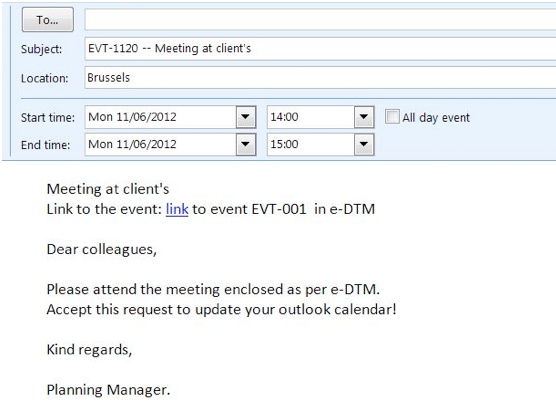 Meeting information converted into a meeting request on Microsoft Outlook